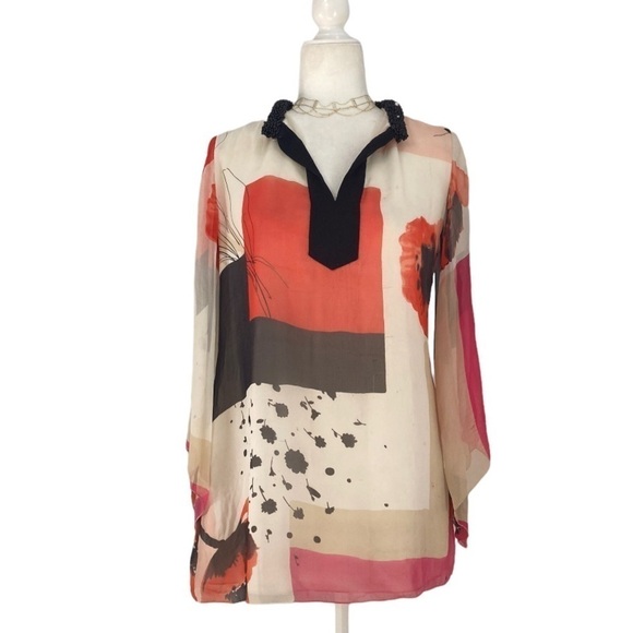 Magaschoni Collection Silk blouse Tunic Beaded Collar Double layer Chiffon - Picture 13 of 14